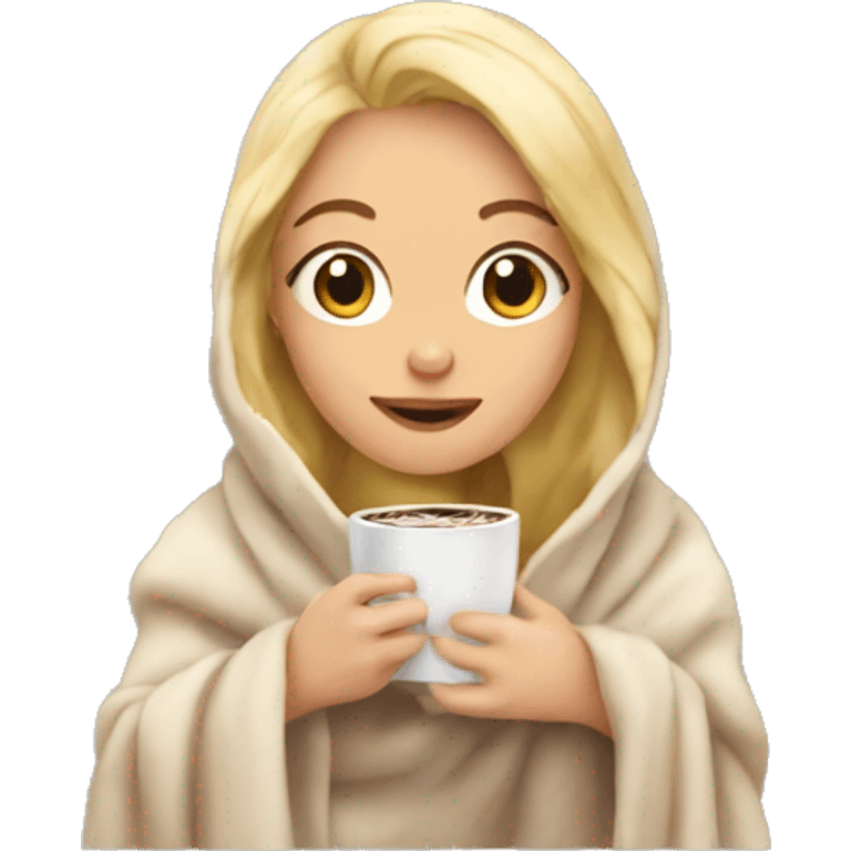 Blonde girl in a blanket with hot chocolate emoji