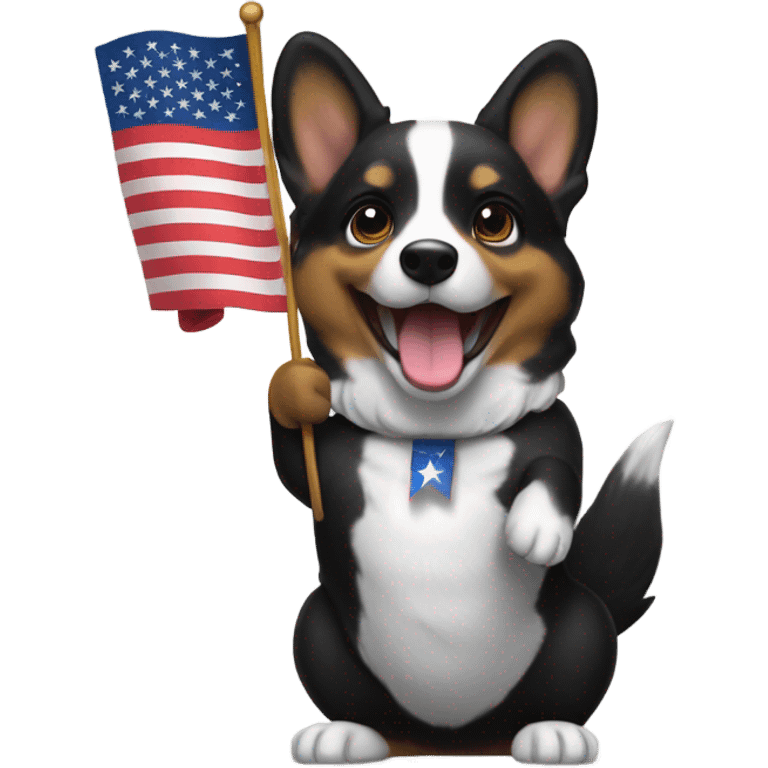 Black corgi waving an American flag emoji