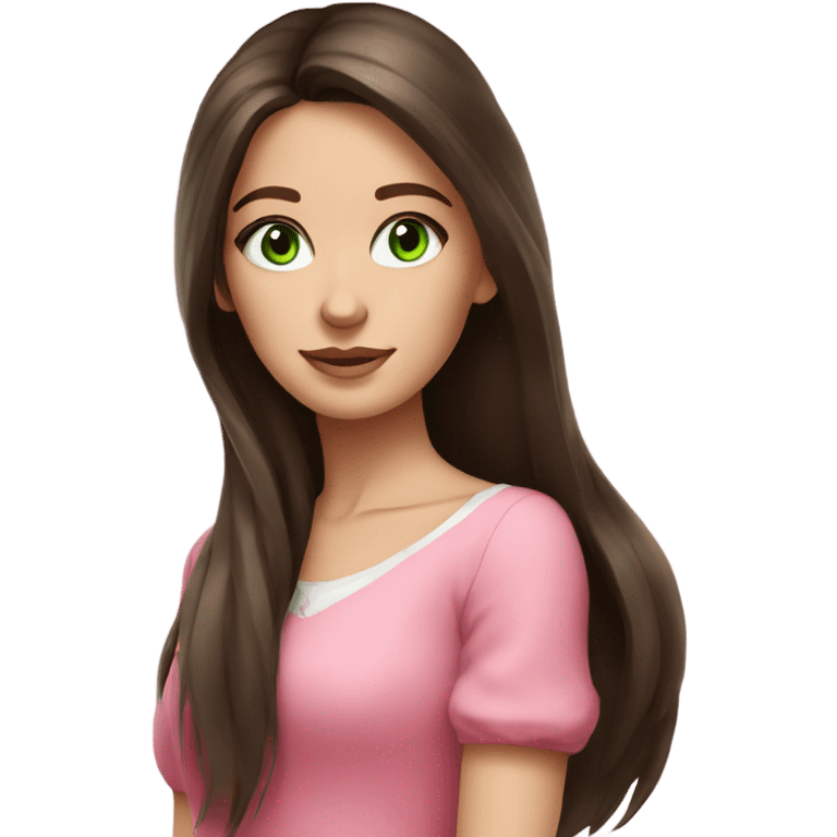 Beautiful Russian girl green eyes very long dark brown hair pink clothes  emoji