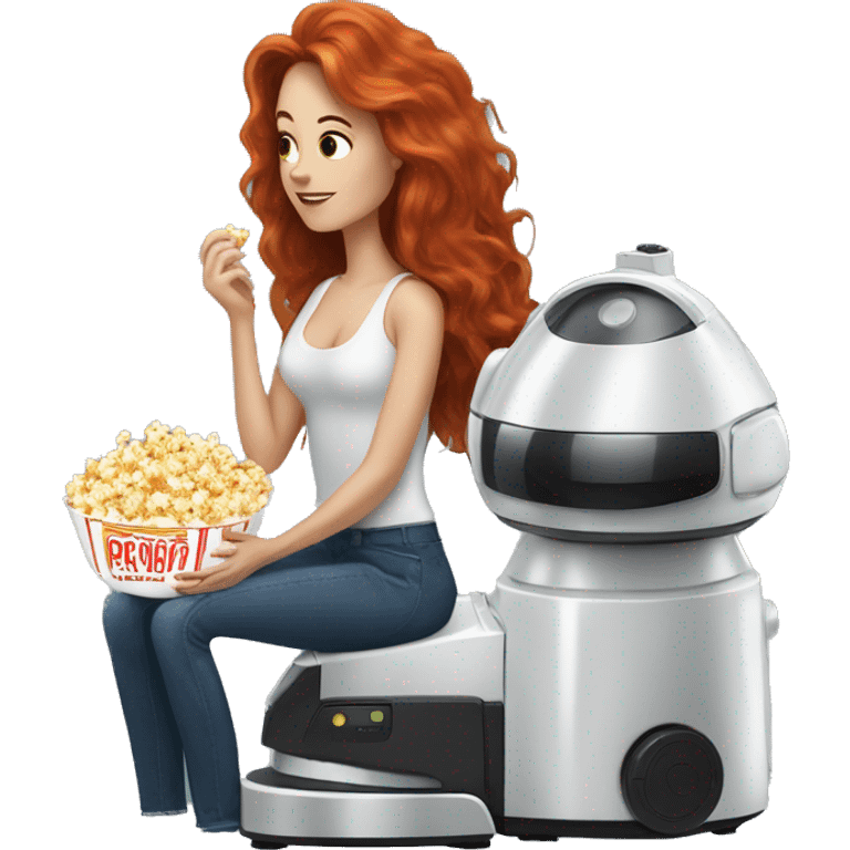 A long haired redhead lady eating popcorn sitting next to a robot vacuum  emoji