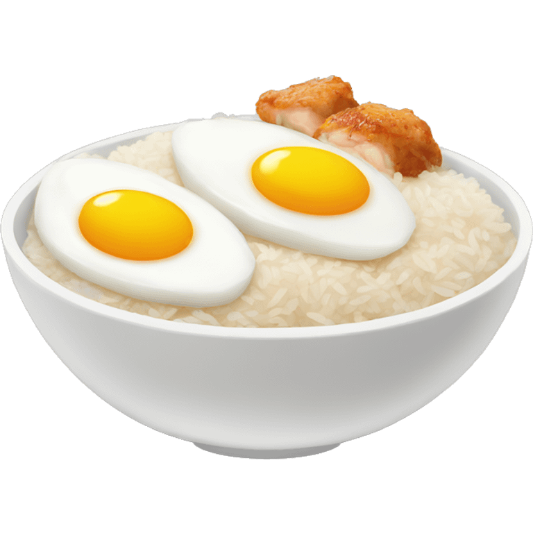 a bowl of rice with two eggs and chicken thigh emoji