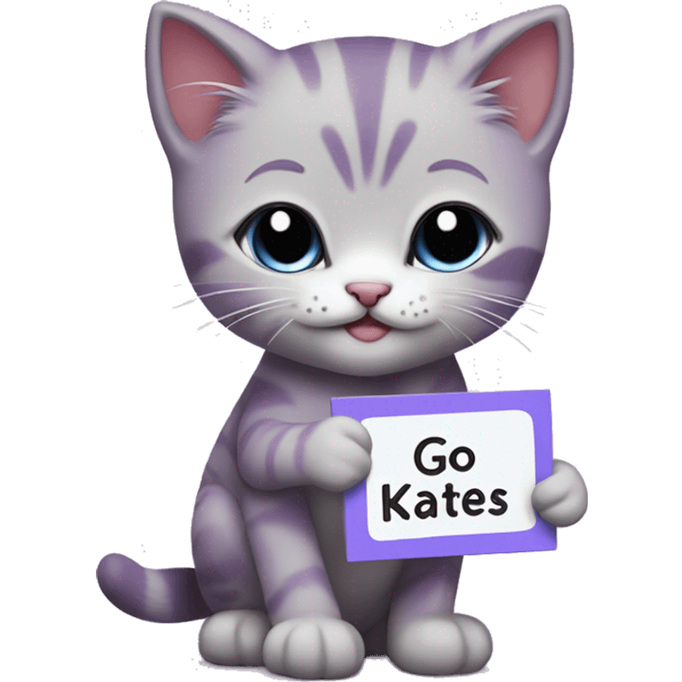 purple kitten with a name tag labeled cake crying holding a sign saying go to katies emoji