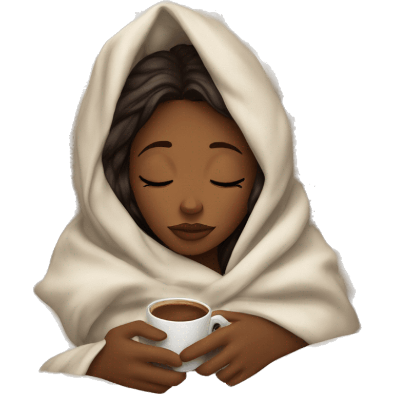 girl inside a blanket sipping coffee eyes closed brown skin  emoji