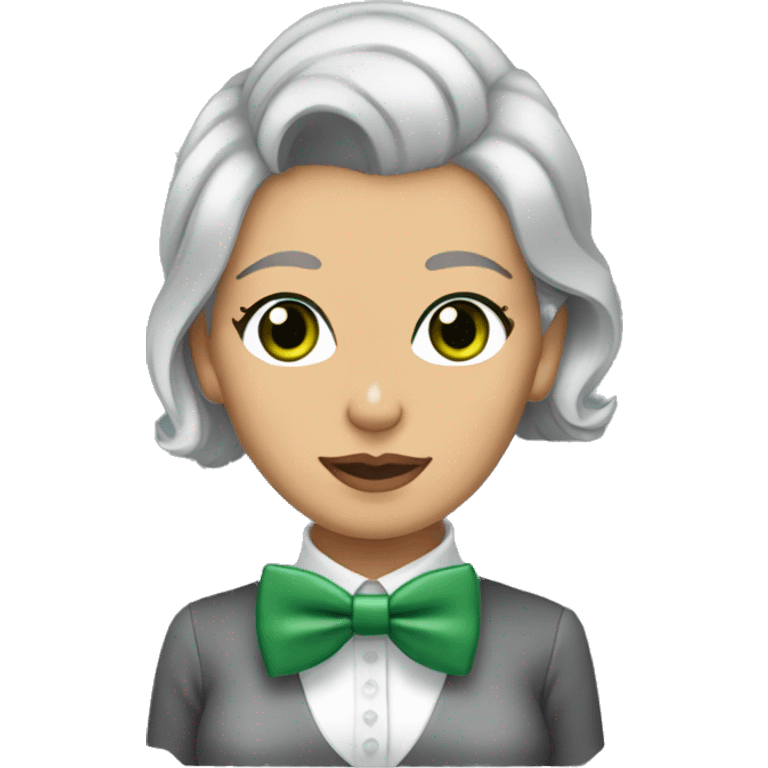 Woman with short slicked back grey hair and green eyes holding a blonde yorkie dog with a bow tie   emoji