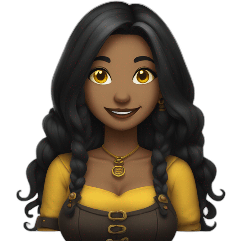 a woman, curvy, long black hair, yellow eyes, a septum piercing, tattoos, a black and yellow tavern keeper outfit, she laughs emoji