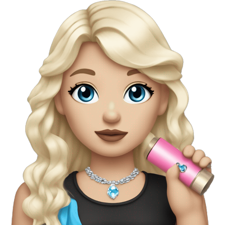 Blonde long hair with bangs, blue eyes, girl, pink lips, black eyeliner, red blush on cheeks and nose, pink eyeshadow, black shirt with lower arms shown shoulder, silver necklace with little blue diamond, holding little white pipe in one hand emoji