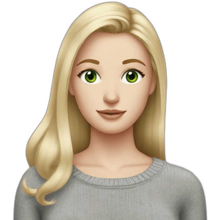 medium blonde girl with page cut, green eyes, long face, pale skin, silver earrings wearing a grey sweater emoji