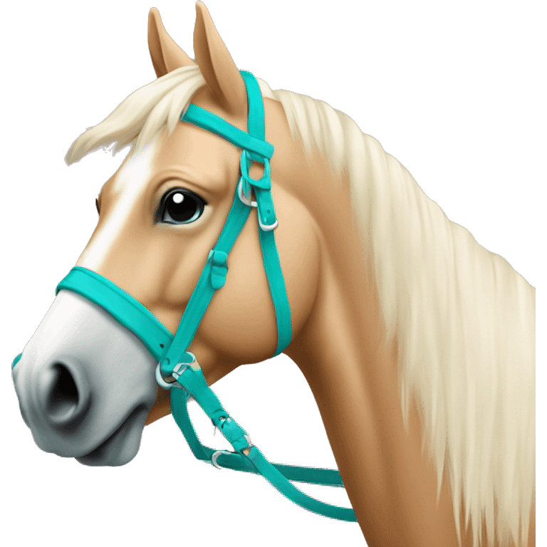 Cheval palomino vu de coté avec un licol turquoise emoji