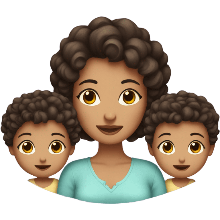 a mom with short dark brown curly hair and twin babies one boy one girl emoji