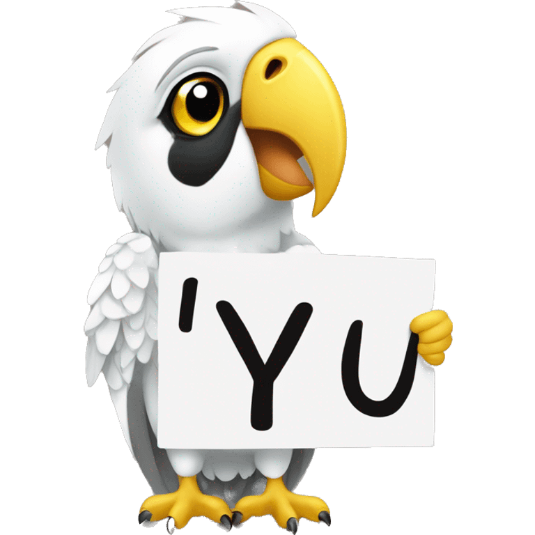 white and yellow parrot  holding a sign with the black inscription i love you emoji