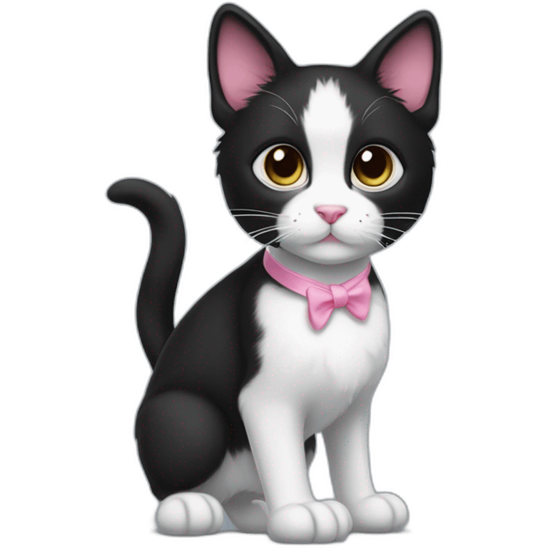 young black and white tuxedo cat walking profile with round eyes, a pink nose, the white fur on his face only goes under the eyes to the bottom of his face, whispy tips on ears emoji