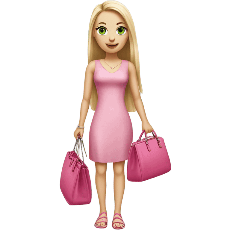 Realistic White girl with Long straight blonde hair and green eyes, tattoos, full body wearing pink dress, holding pink handbag emoji