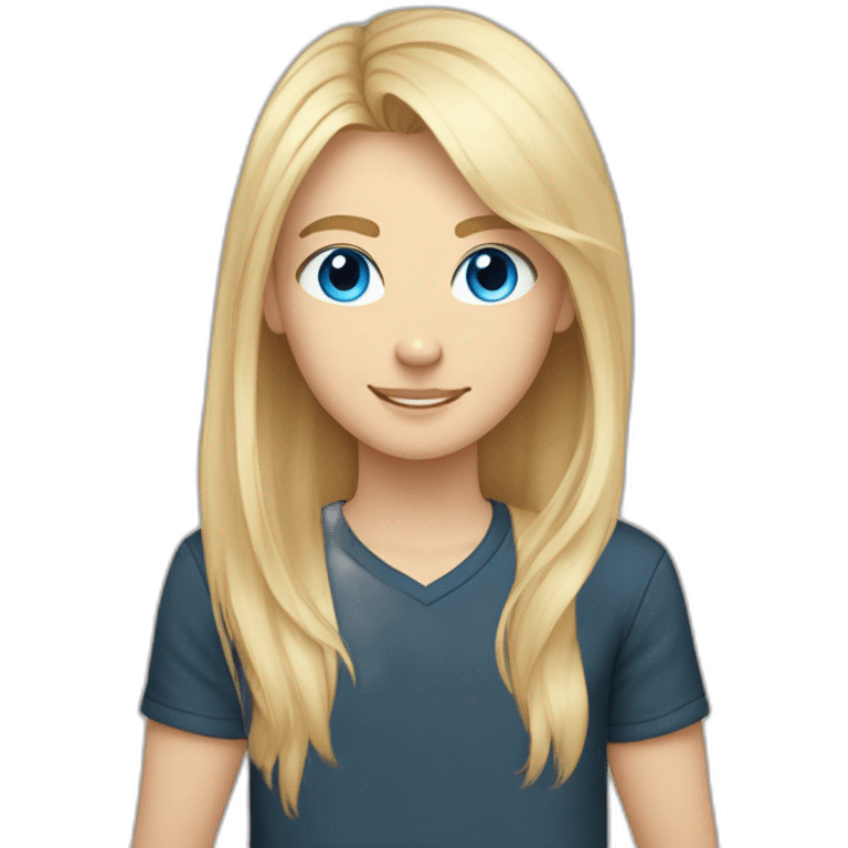 young male with blonde hair, black shirt and blue eyes with his girlfriend with bright long blonde hair, beige shirt and blue eyes. In the middle is a cute cat emoji