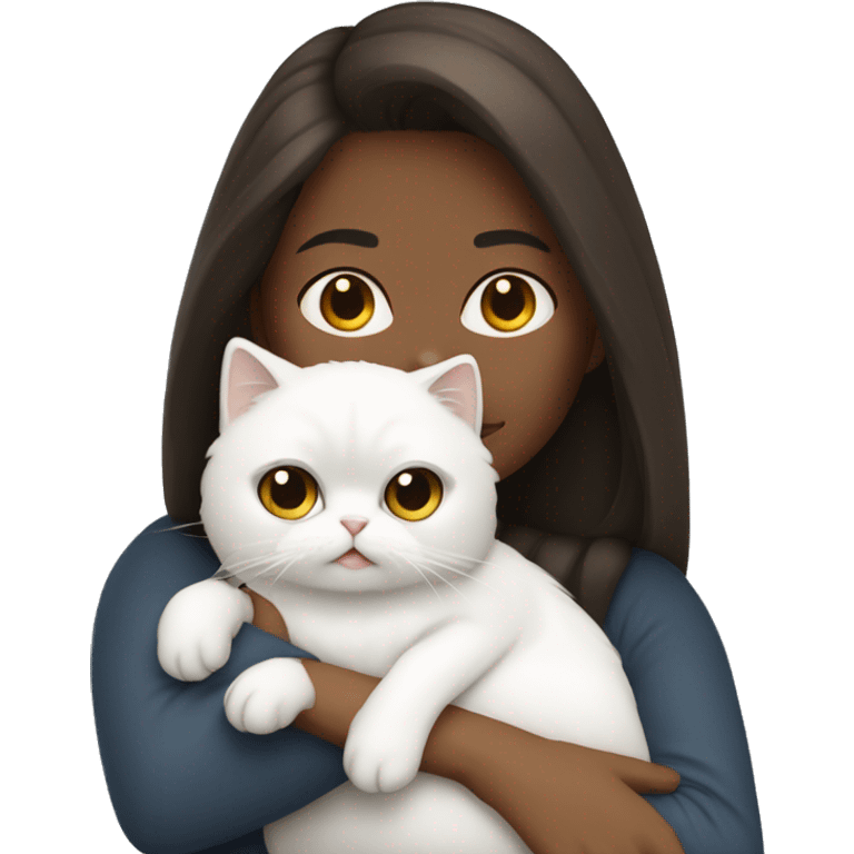 Brunette woman snuggling white Persian cat emoji