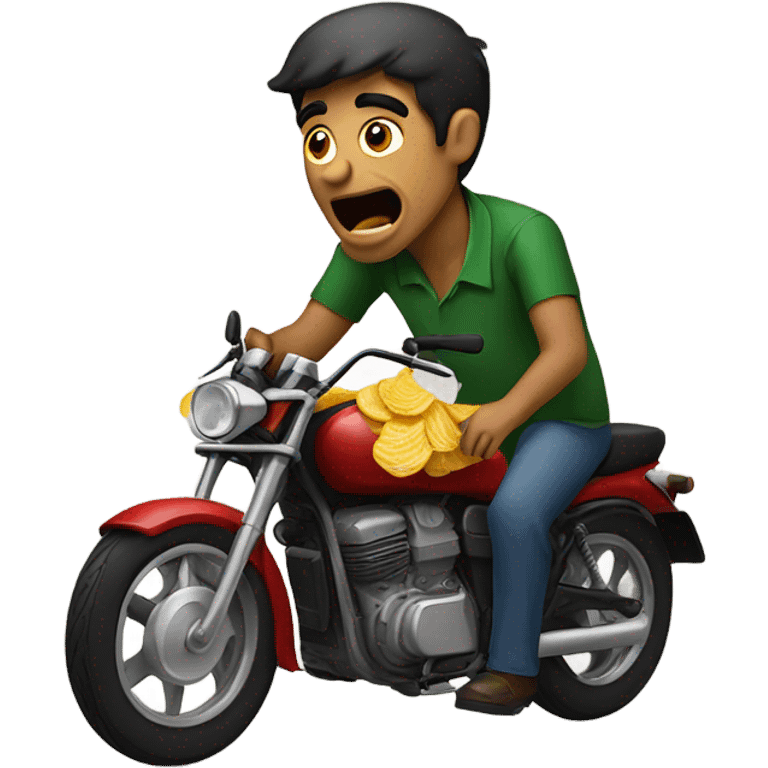 A Pakistani man riding a motor bike crying and eating potato chips  emoji