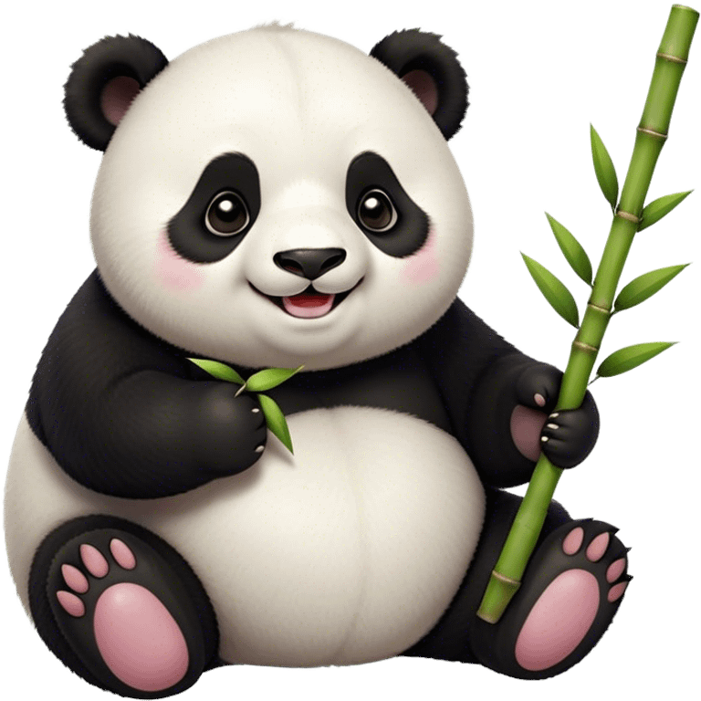 Cinematic smiling chubby panda, fluffy black and white fur, round rosy cheeks, tiny paws holding a bamboo shoot, sparkling eyes full of joy, soft glowing background, irresistibly huggable. emoji