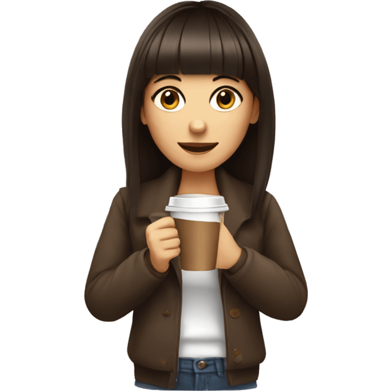 Brunette girl with bangs with a coffee on her hands emoji