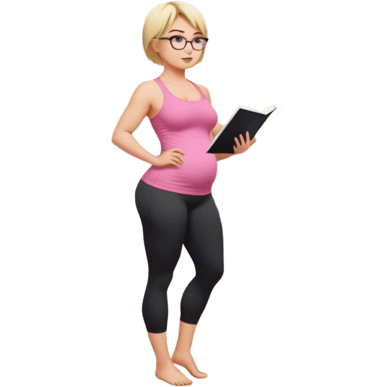 Full body view from the side, fair skinned woman, curvy, short blond hair, small reading glasses, cooking dinner in kitchen, pink loose tank top, showing natural B cup breast shape SFW, black yoga pants, large curvy booty emoji