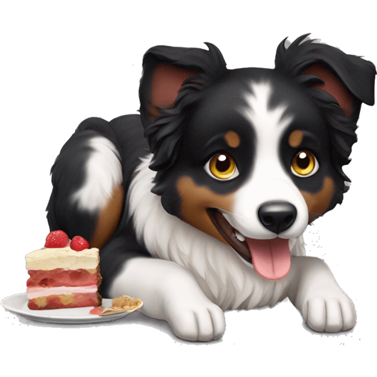 Small black australian shepherd dog eating dessert  emoji