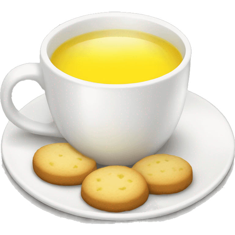 white cup with yellow tea, lemon cookies emoji