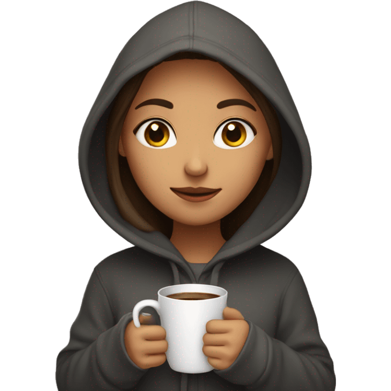 Girl with a hoodie, holding her cup of coffee and booj emoji