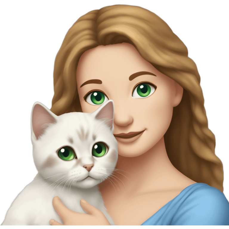 white woman with medium-length brown hair, green eyes and brown freckles on the face under the eyes, holding her sacre de birmanie kitten in her arms with much love, the baby cat has blue eyes, a lot of dark areas on ears and middle of the face. emoji