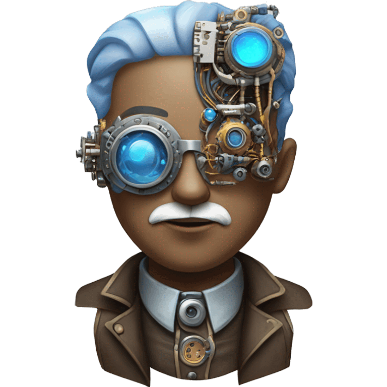 Brown shaved cyborg head with blue beard, silver steampunk monocle goggles and circuits emoji