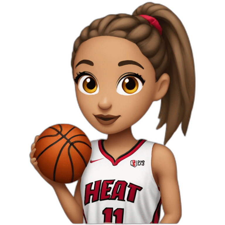 ariana grande wearing red miami heat jersey holding basketball emoji