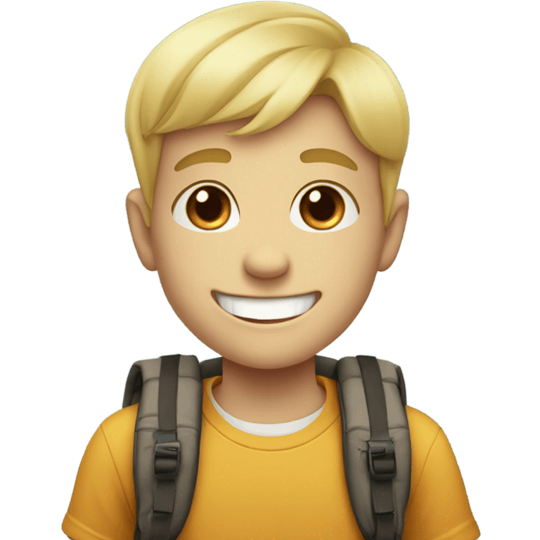 smiling blonde boy with front tooth missing and with backpack emoji