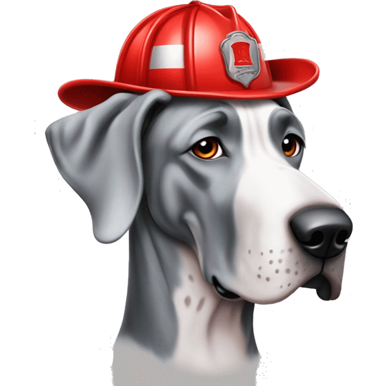 Merle grey Great Dane wearing a red fire fighter hat  emoji