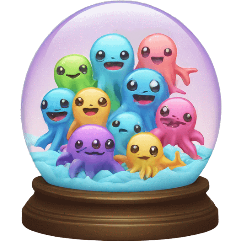 Kawaii rainbow pastel family of sea monsters in neon snow globe  emoji