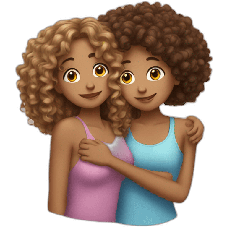 two friends girls with curly hair hugging emoji