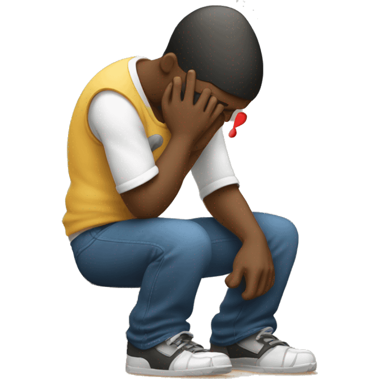 A man kneeling and crying while trying to repair his girlfriend's broken heart. The heart should be depicted as a broken emoji heart, emphasizing the emotional scene. emoji