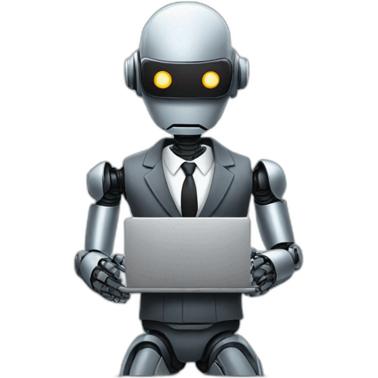 robot in a suit with head tilted using a laptop emoji