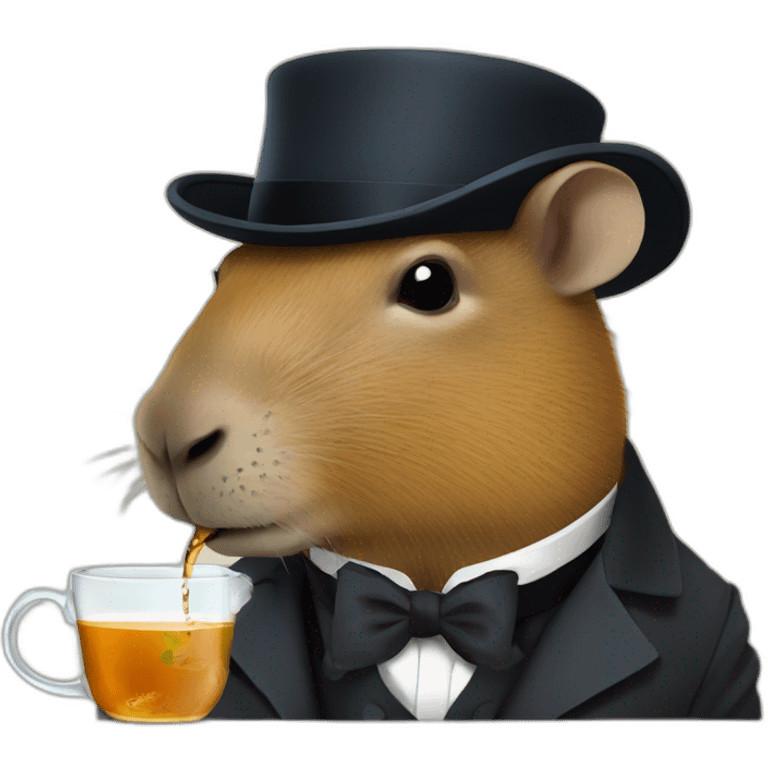 A capybara in profile with a bowler hat and a monocle is drinking tea emoji