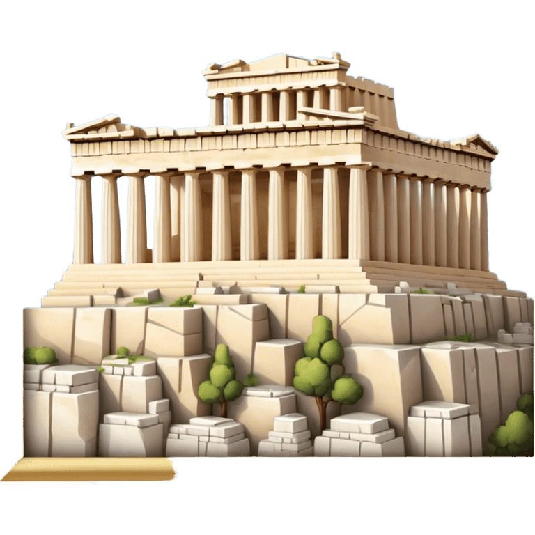 Cinematic Realistic Acropolis Landmark Emoji, showing the Parthenon standing proudly atop the Acropolis hill, with its marble columns glowing under the warm Athenian sunlight against a blue sky. emoji