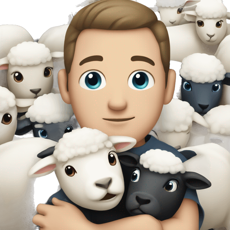 white man with blue eyes and dark short hair hugging sheeps emoji