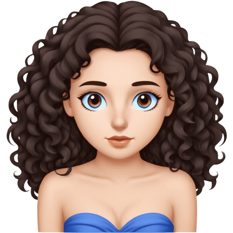 menina branca de cabelo cacheado marrom escuro sem volume  longo,  com nariz fino e empinado  com uma blusa tomara que caia azul ,sobrancelhas marcantes e olhos castanhos escuros emoji