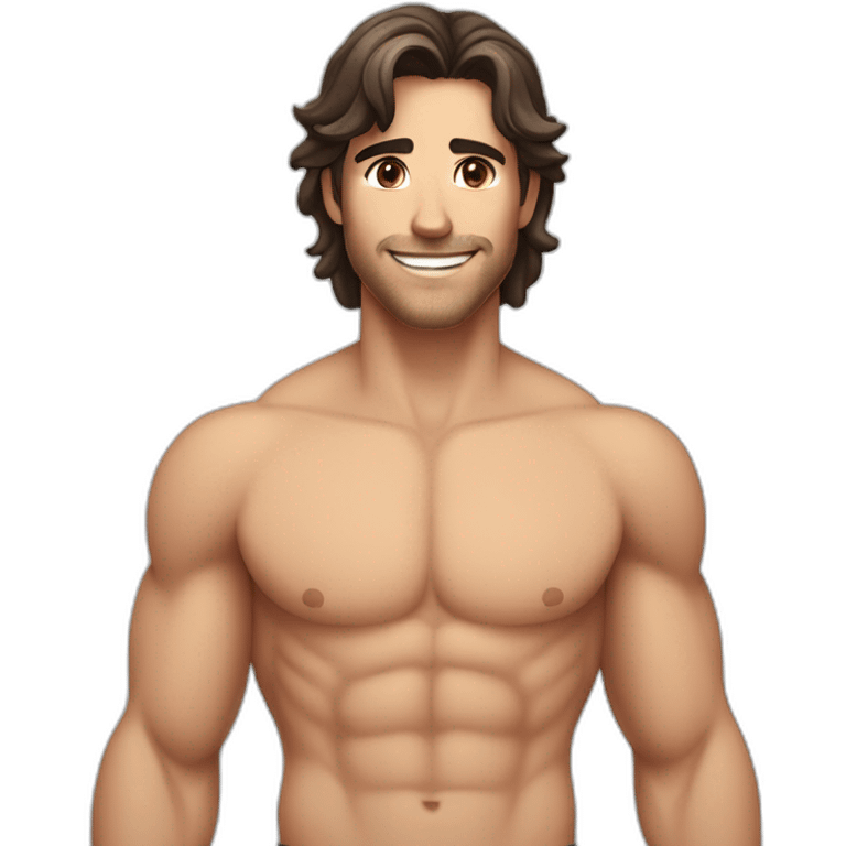 white guy with wet dark brown hair and brown eyes smiling with his mouth closed and shirtless with slightly muscles emoji