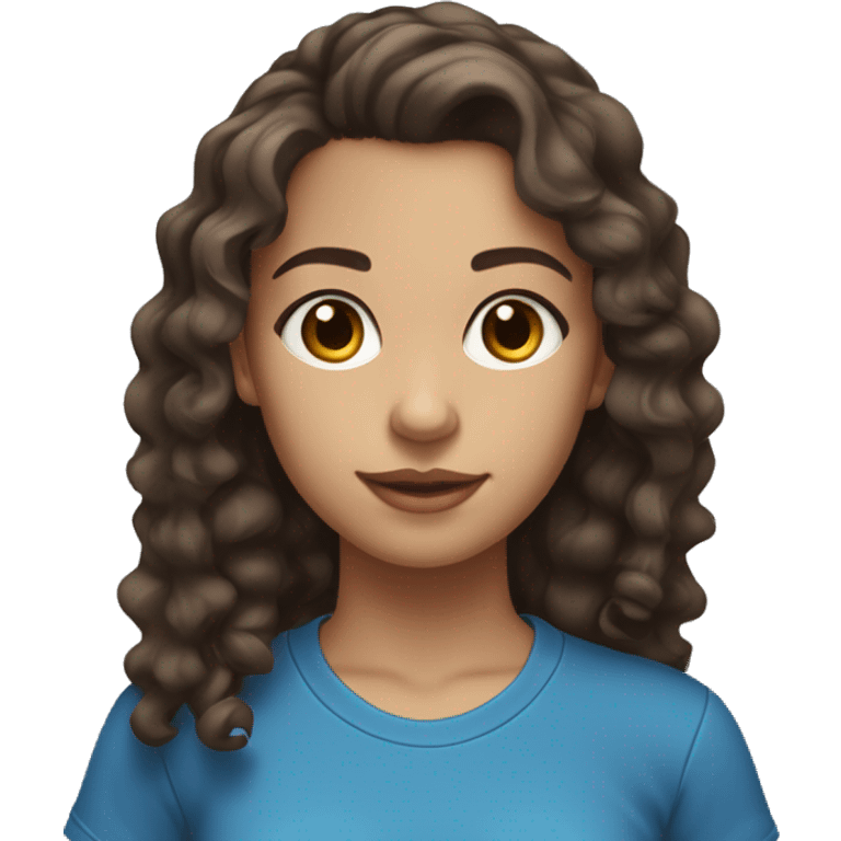 Teen girl with brown eyes and dark brown hair with highlights a blue t-shirt and leggings curly mid hair emoji