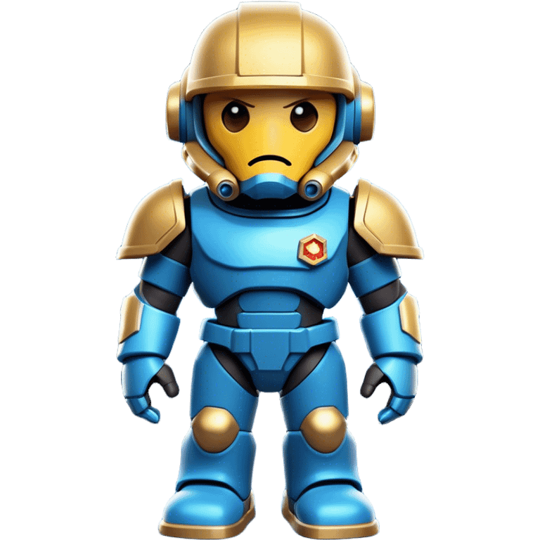 Clash of Clans aesthetic: Cinematic Playful Terran Marine Hero Emoji, rendered in a 3D vector-style similar to standard emojis with minimal shading and bold, simplified shapes. A compact, heroic isometric figure clad in futuristic power armor with signature energy accents, softly glowing with a cosmic battle charm. Simplified yet unmistakably iconic, highly detailed and consistent, glowing with a soft radiant shine and high gloss. Stylized with a touch of interstellar valor and a soft glowing outline, capturing the essence of an elite space warrior with a friendly, playful manner! emoji