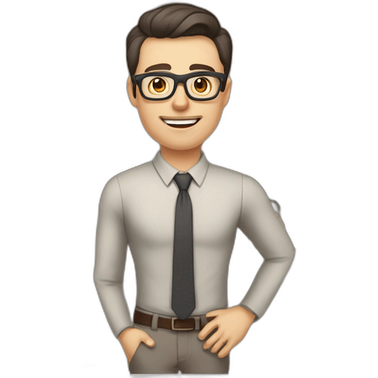 Pale skinned fit man with dark brown hair in gray jacket, beige office shirt, brown tie, brown pants and vintage glasses Writing on the marker board emoji