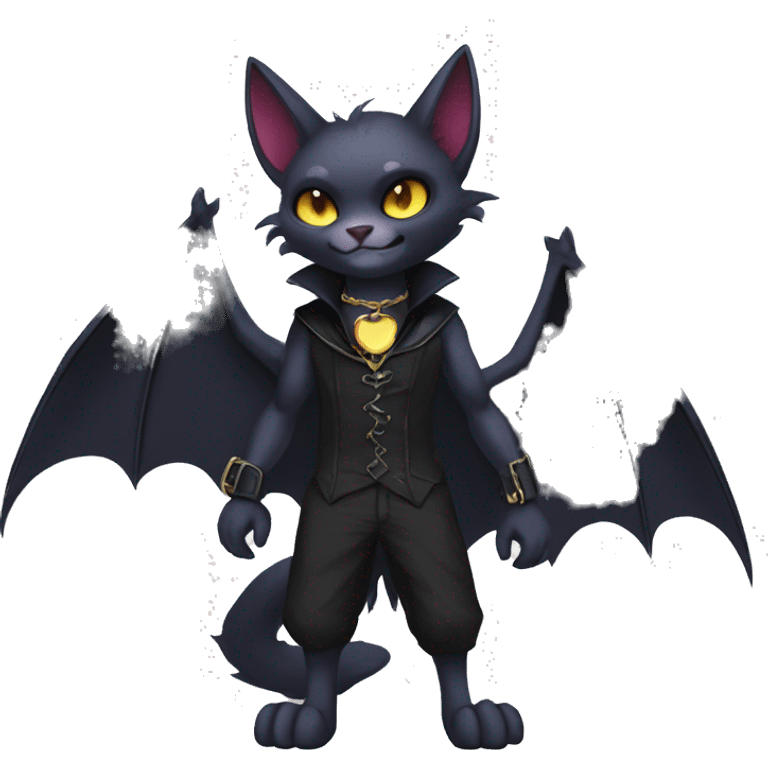  cool edgy anthro dark-shadow-themed animal vampiric bat-cat-hybrid Fakemon  with a collar full body emoji