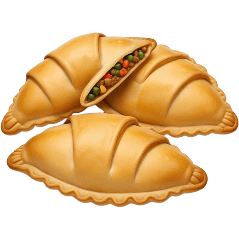 Cinematic Realistic Empanadas Dish Emoji, showcasing crispy fried turnovers filled with spiced meat and vegetables rendered with rich textures and dynamic, appetizing lighting. emoji