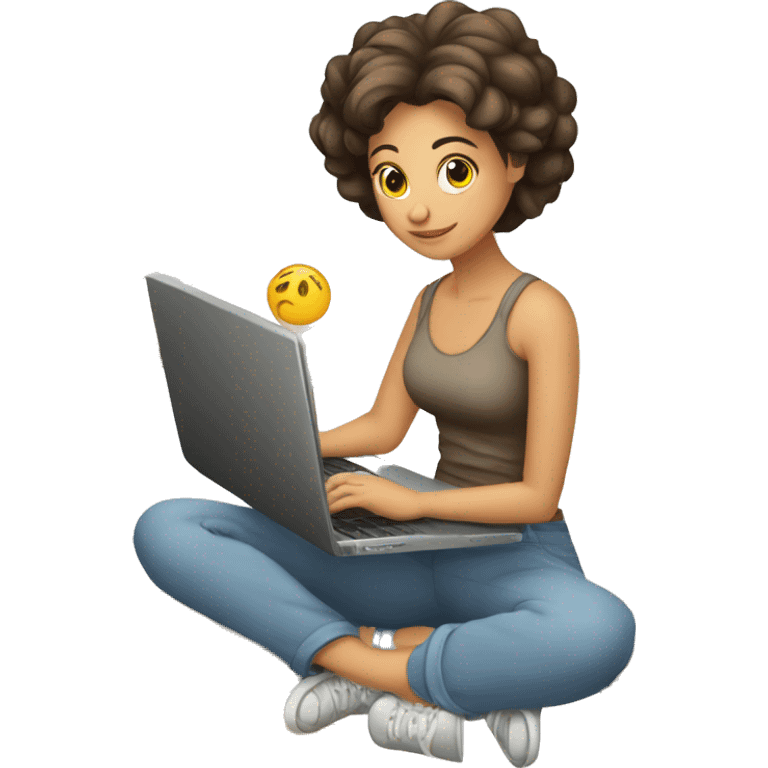 Muchacha atormentada trabajando con laptop y muchos papeles alrededor emoji