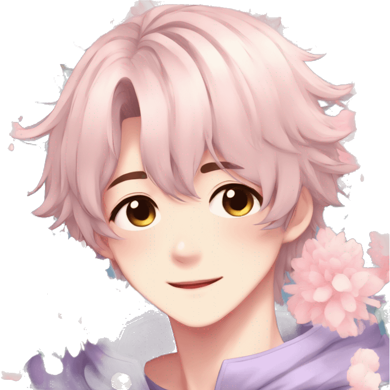 Gorgeous pastel anime style shojo guy with blushing face and flowers aesthetic trending style emoji