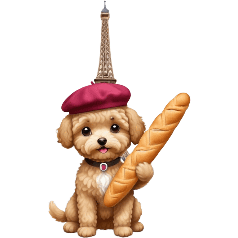 Tan maltipoo wearing a beret in Paris holding a baguette by the Eiffel Tower show the Eiffel Tower  emoji