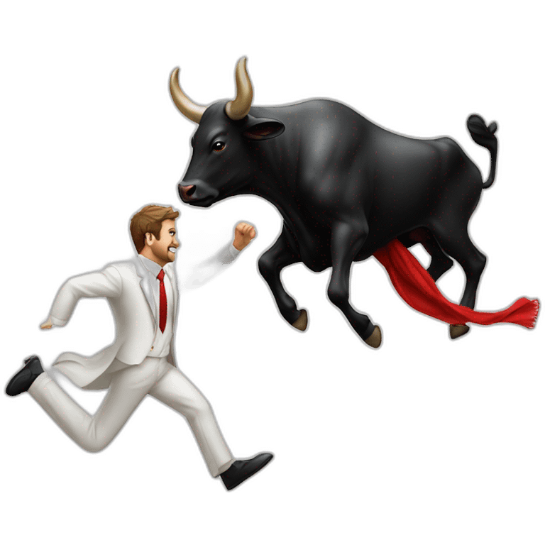 black bull chasing man in white suit whith a red scarf emoji