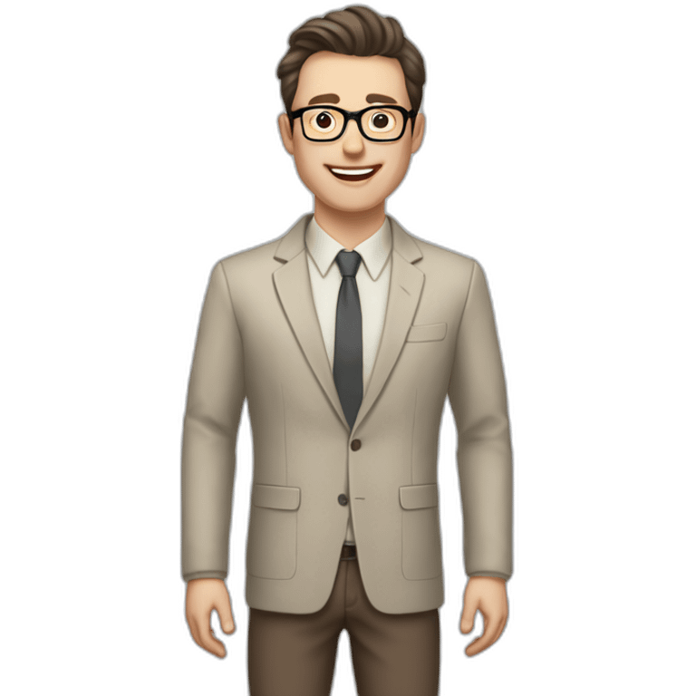 Joyful Full height Pale skinned Fit Man With dark brown hair in gray jacket, beige office shirt, Brown pants and vintage glasses. His thrumbs up emoji