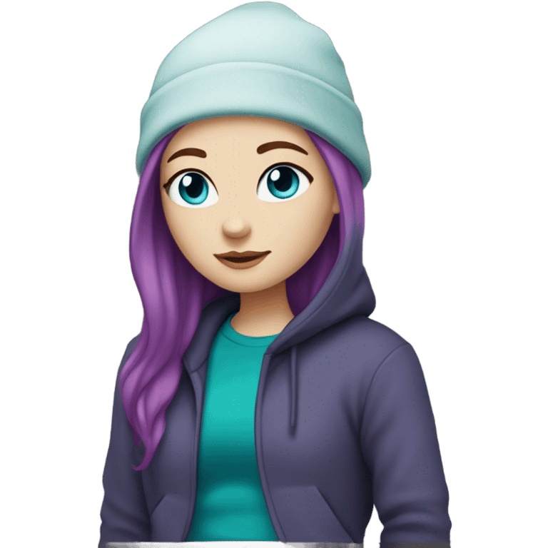 White girl, blue eyes, long teal hair, purple beanie hat, black hoodie emoji